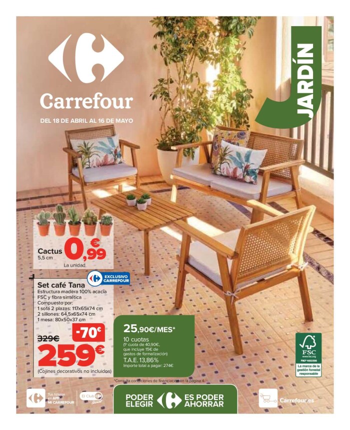 Conjuntos jardín, sillas playa, piscinas, plantas Carrefour. Página de portada