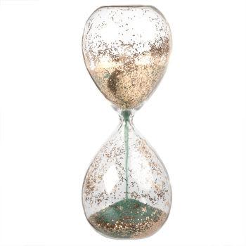 Reloj de arena verde y dorado de cristal