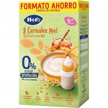 Papilla infantil desde 6 meses 8 cereales miel Hero Baby sin azúcar añadido 820 g.
