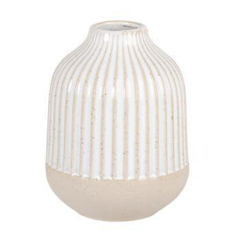 Jarrón de gres blanco con estrías en beige 12 cm