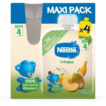 Bolsita de 4 frutas desde 4 meses Nestlé sin gluten y sin azúcar añadido pack de 4 unidades de 90 g.