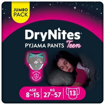 Ropa interior absorbente niña noche DryNites 8-15 años (27kg-57 kg.) 13 ud.